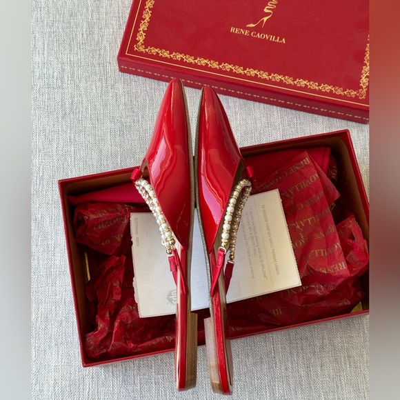 NEW René Caovilla ballerina red patent leather pointy slippers with pearls - Picture 4 of 6